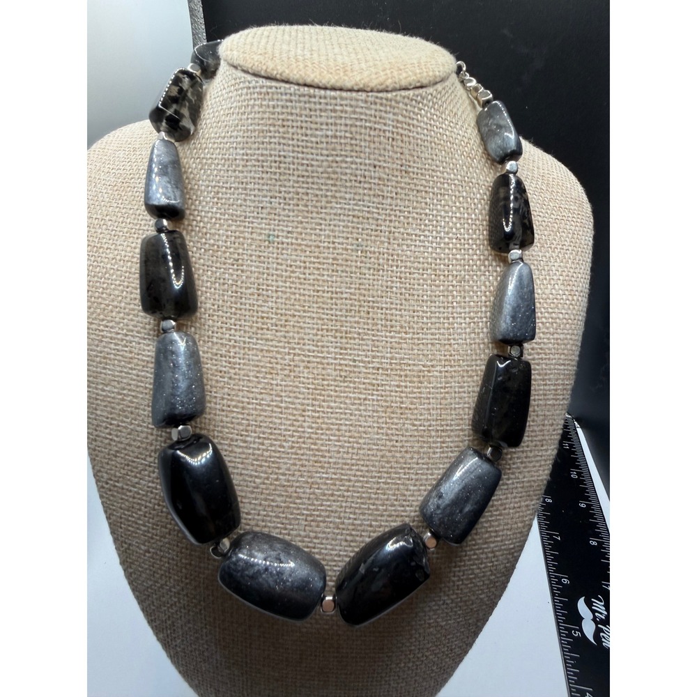 Chunky Black and Silver Grey Marbled Statement Necklace Adjustable Lobster Clasp